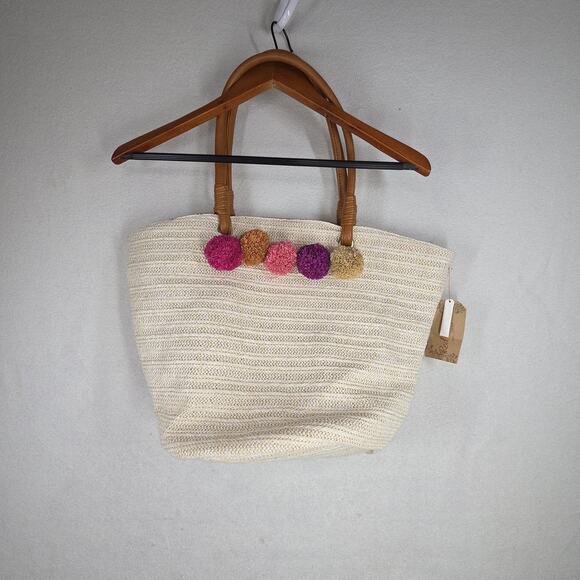 Vtg Red Camel Bag Tote Bags Purse Woven Straw Beach Pom Pom Lagenlook NWT Pool - Picture 3 of 12